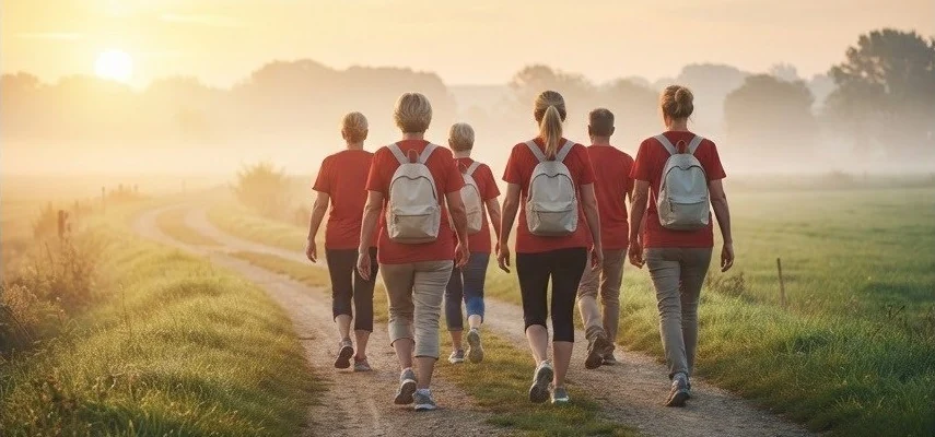 Illustratief campagnebeeld van wandelaars, samen onderweg